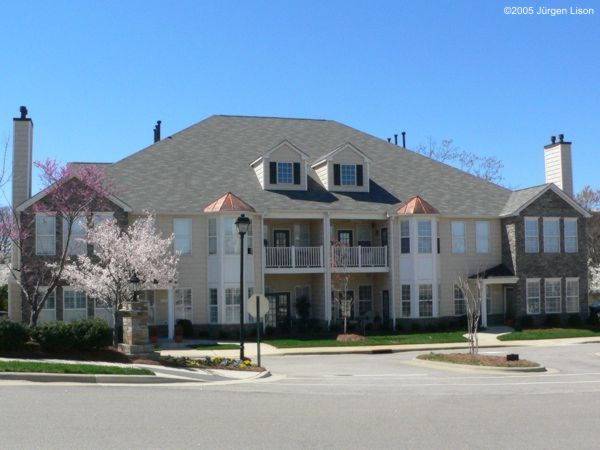 The elevation of the buildings in the Oaks condominiums community at Bentley-Ridge, Raleigh, NC