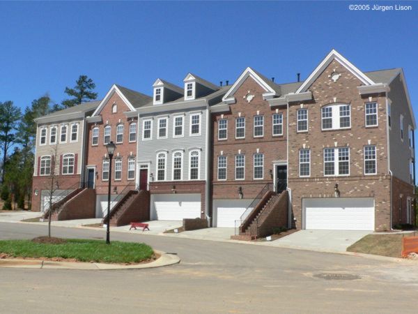Elevation of the Olde Town townhomes at Bentley-Ridge, Raleigh, NC.